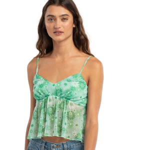 NWT RSQ Green Daisy Mesh Spaghetti Strap Peplum Cami